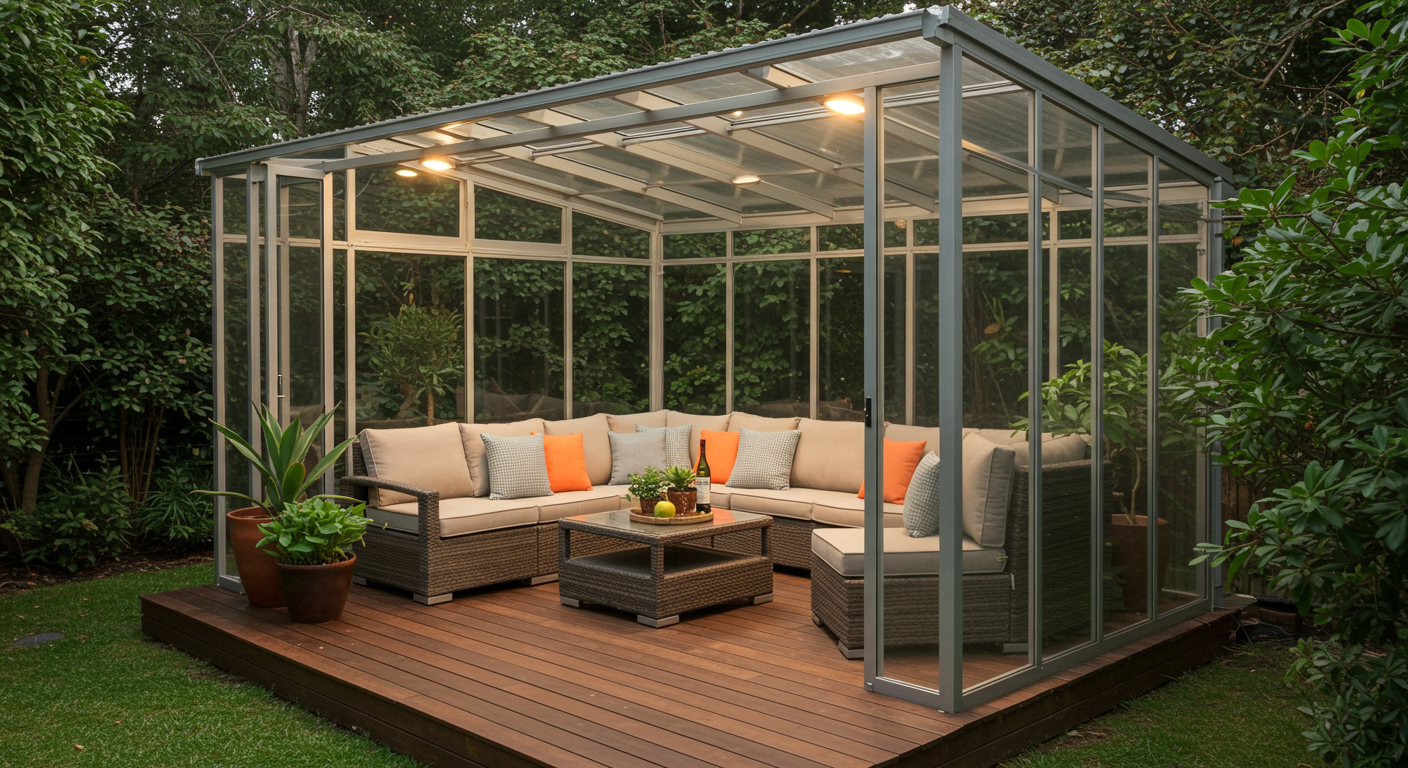 A beautifully designed enclosed deck featuring comfortable seating, potted plants, and ambient lighting. The deck is surrounded by lush greenery, creating a serene outdoor retreat.