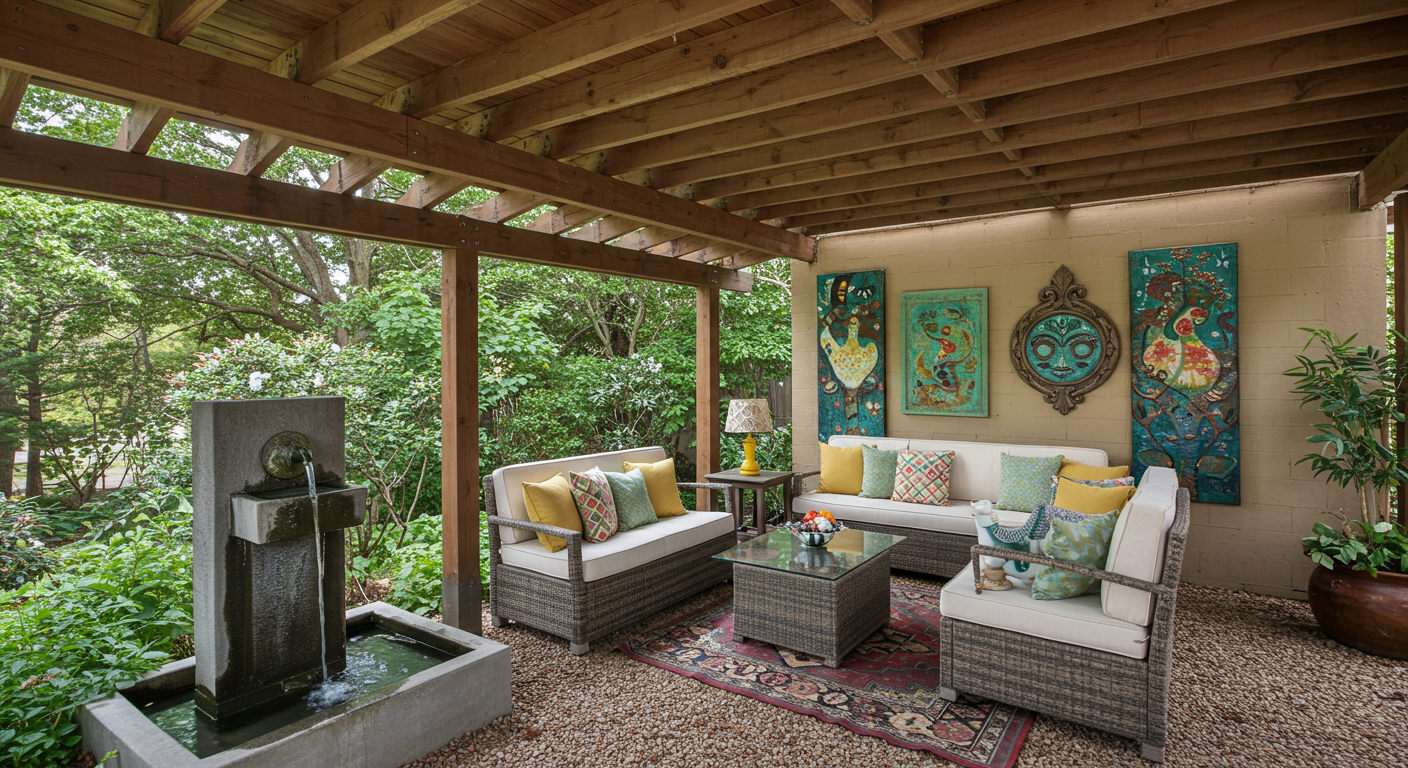 A tranquil under-deck retreat featuring a small water fountain, comfortable seating, and artistic decor. The ambiance is peaceful, ideal for relaxation and unwinding.