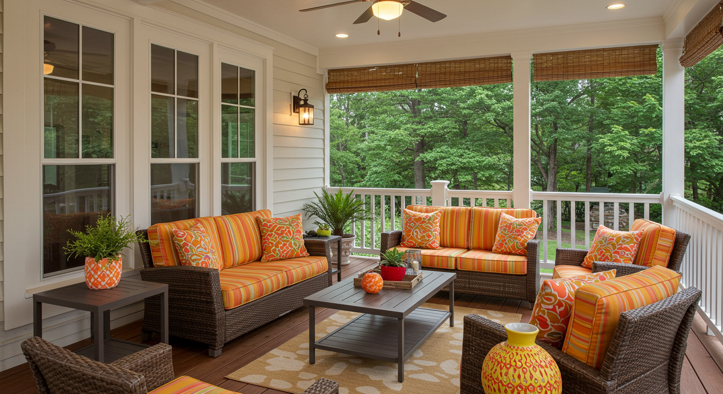 A vibrant outdoor living space featuring a custom porch with a blend of modern and traditional elements. The porch is adorned with stylish furniture, colorful cushions, and decorative lighting, creating an inviting atmosphere for gatherings.