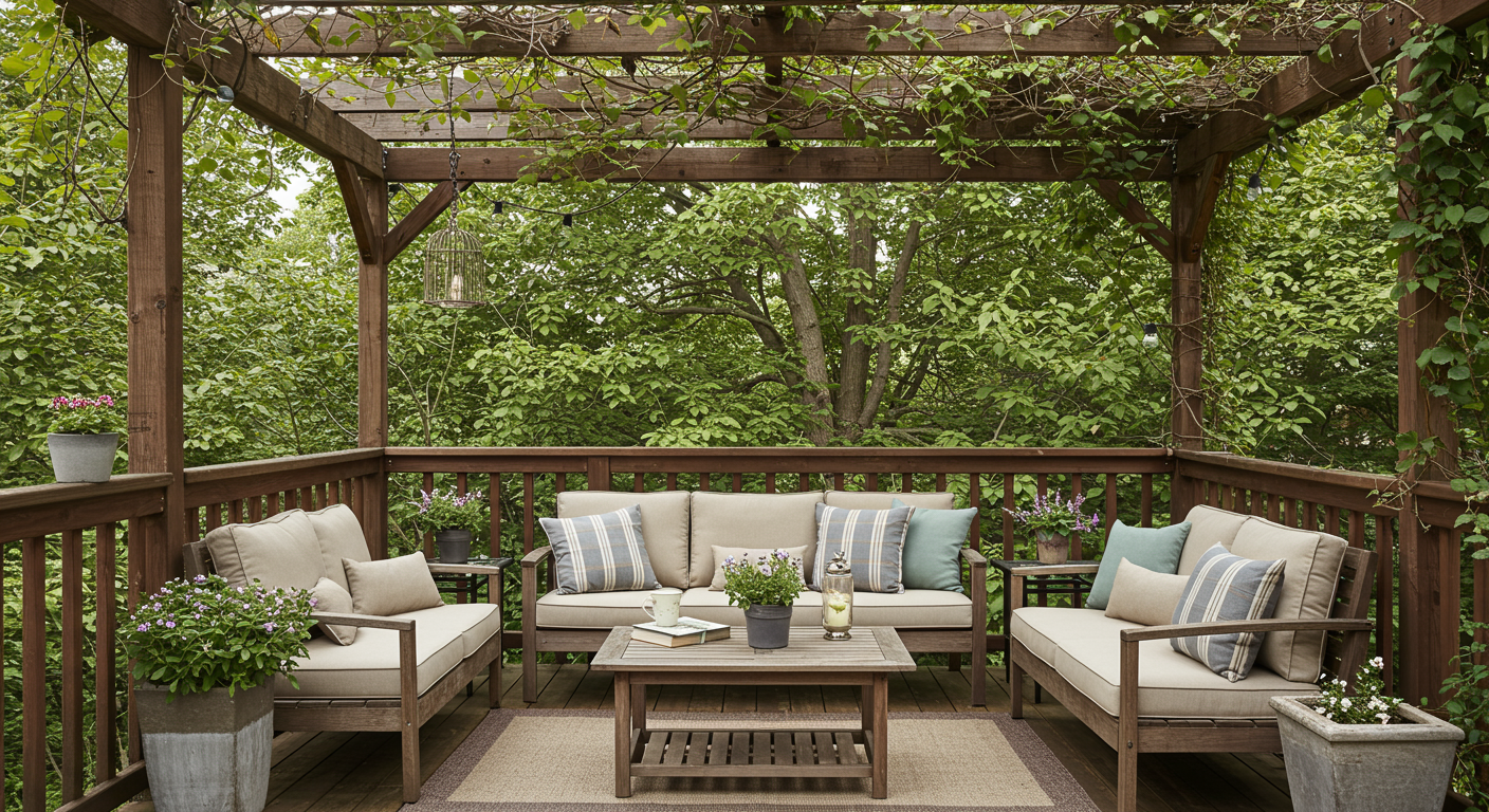 A charming deck with a wooden pergola draped in climbing vines. The space is furnished with comfortable seating and decorative cushions, creating a cozy nook for reading or enjoying a cup of coffee.