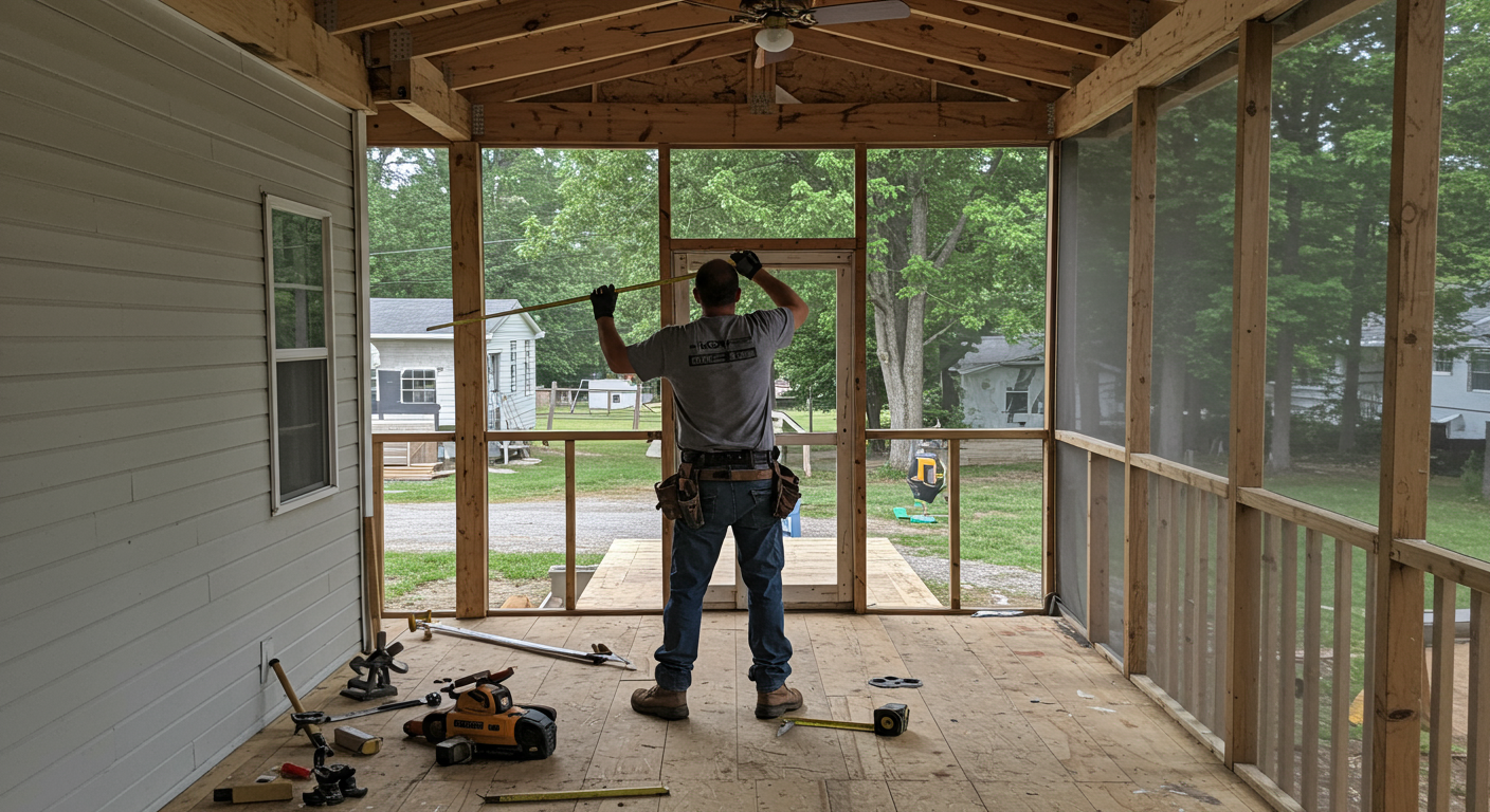 A local contractor in York, PA, actively working on a screened porch project.