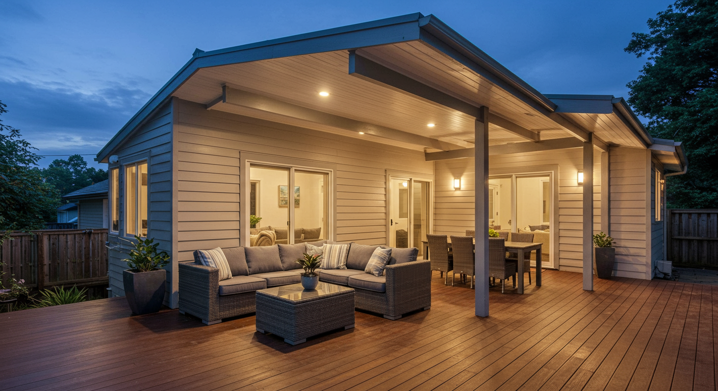 A stylish covered deck at dusk, illuminated by soft outdoor lighting. The deck features modern furniture and a cozy atmosphere, perfect for evening gatherings, showcasing the versatility of outdoor spaces.