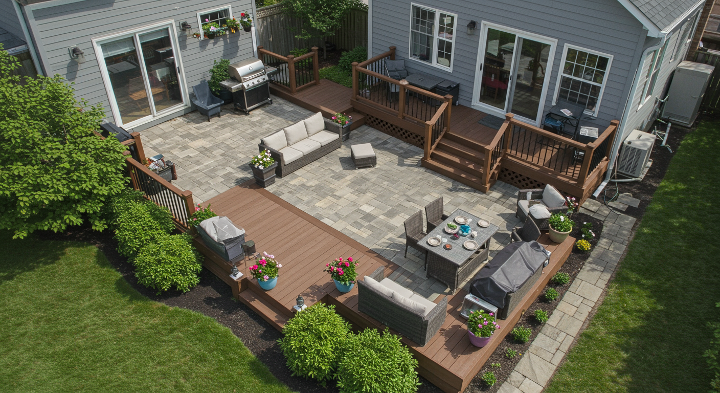 An aerial view of a backyard showcasing a beautifully designed patio and deck area, complete with landscaping, outdoor furniture, and a grill. This image highlights the overall outdoor living space.