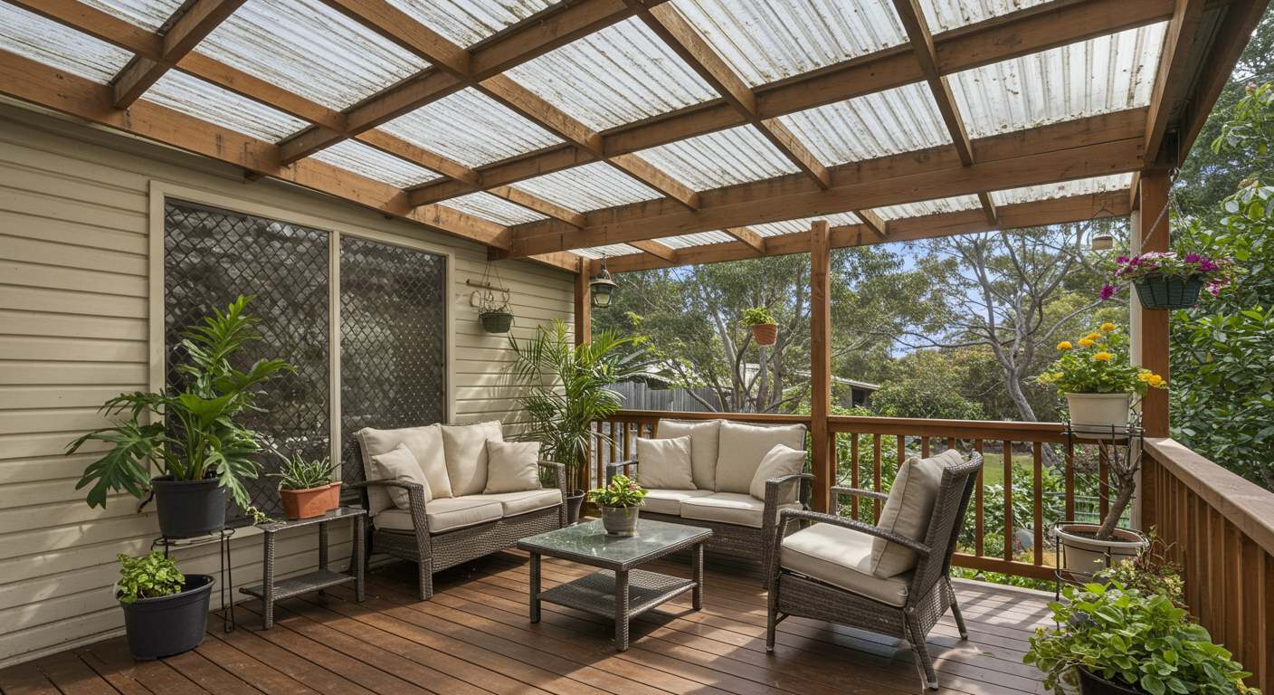 A cozy covered deck featuring a corrugated plastic roof, adorned with potted plants and comfortable outdoor furniture. The scene captures sunlight filtering through the roof, creating a warm and inviting atmosphere.