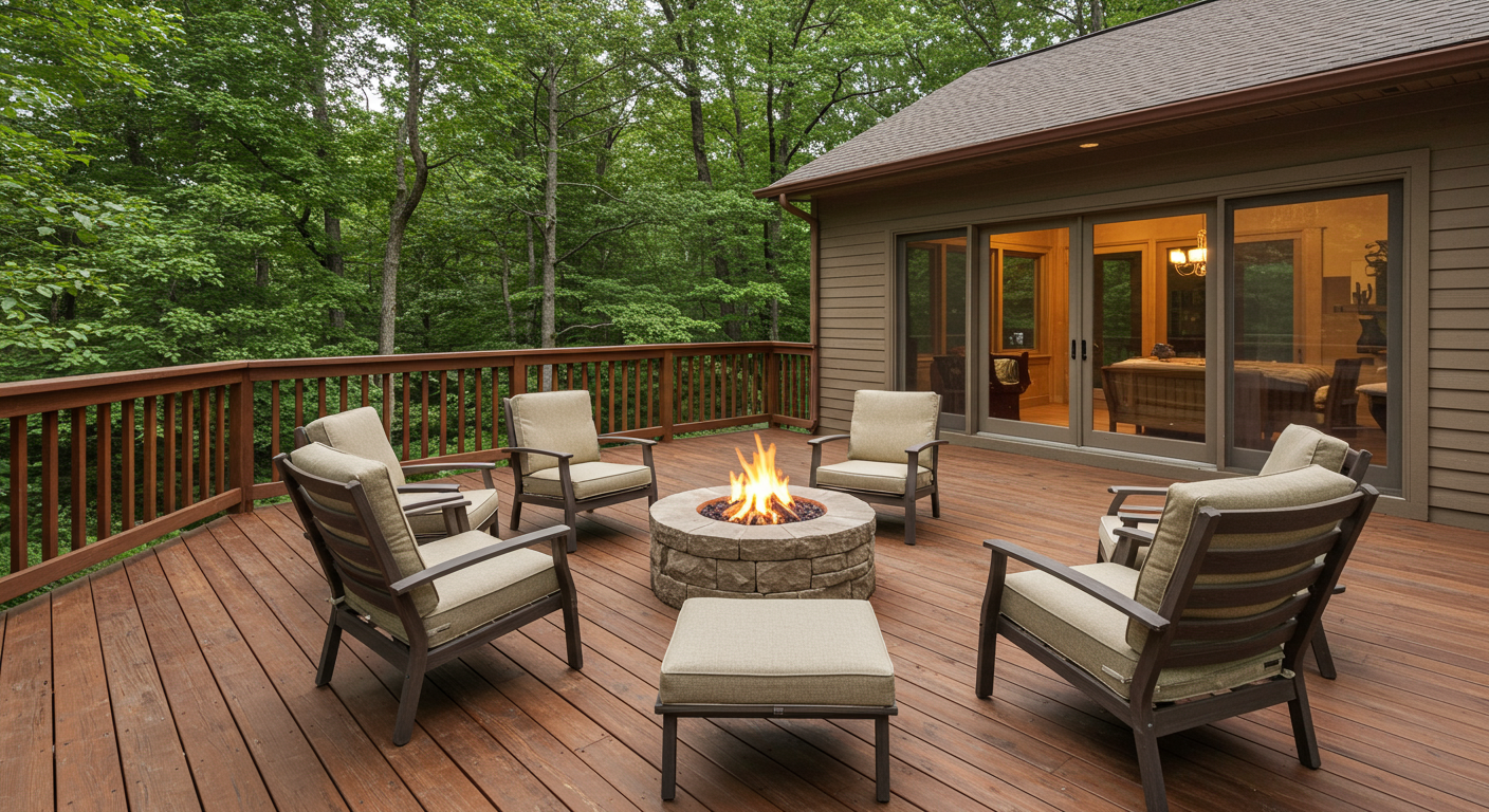 A cozy outdoor deck featuring a fire pit surrounded by comfortable lounge chairs. The deck is made of natural wood, with a rustic aesthetic that blends seamlessly with the surrounding nature.