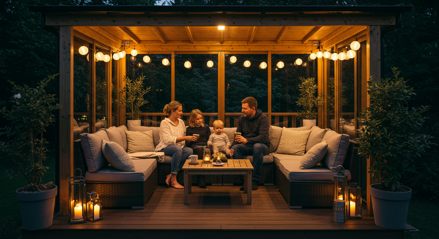 A family enjoying a cozy evening on a beautifully designed closed-in deck, complete with comfortable seating, warm lighting, and plants. The setting captures a sense of togetherness and relaxation.