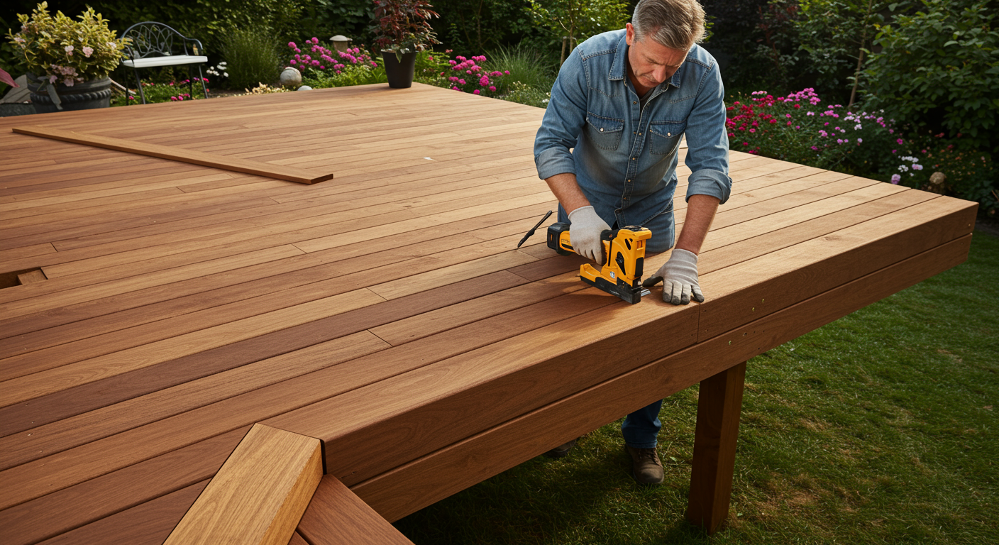 A skilled deck builder working on a beautiful wooden deck in a residential backyard, showcasing the craftsmanship and attention to detail.