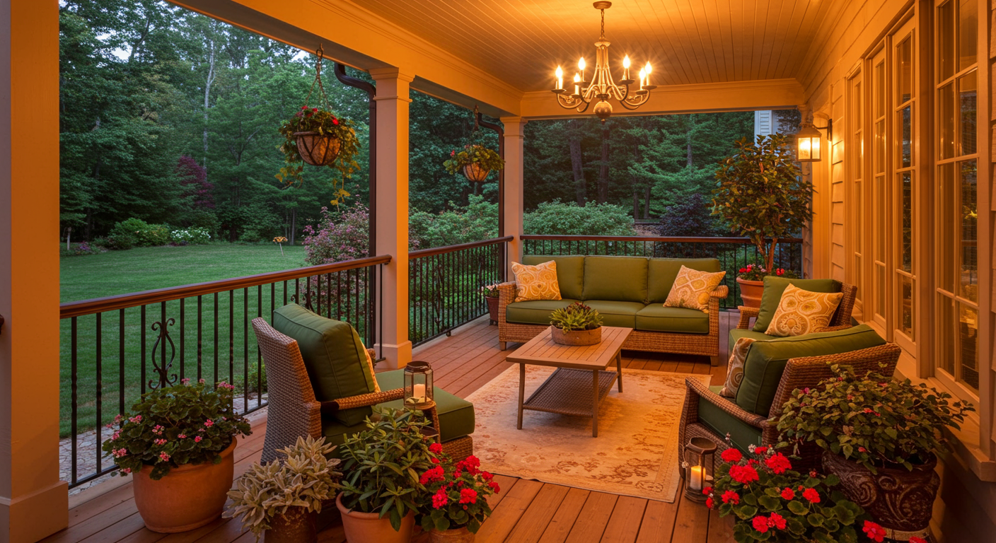 A beautifully designed porch featuring a mix of modern and traditional elements, showcasing custom railings, comfortable seating, and decorative plants.