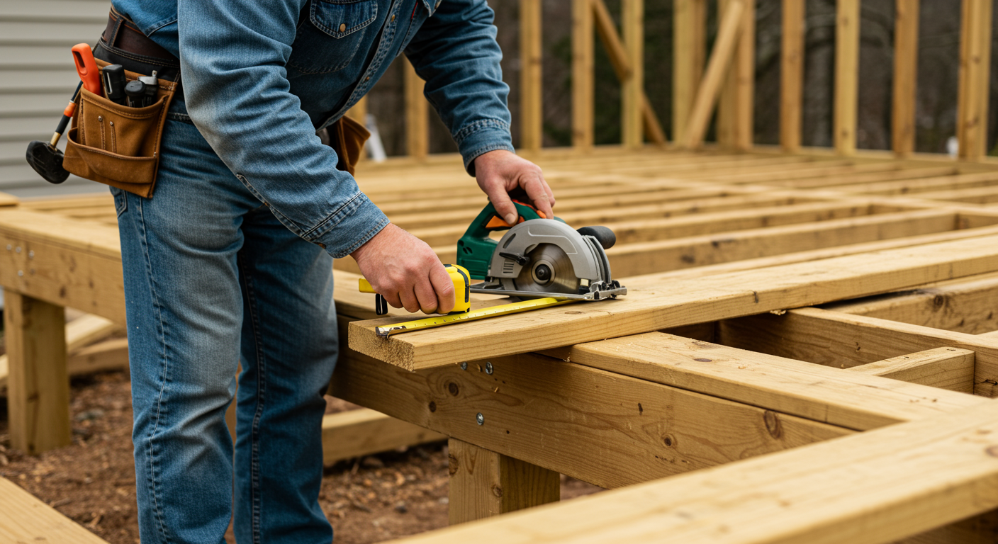 A skilled contractor measuring and cutting wood on a partially constructed deck, showcasing the craftsmanship involved in deck building.