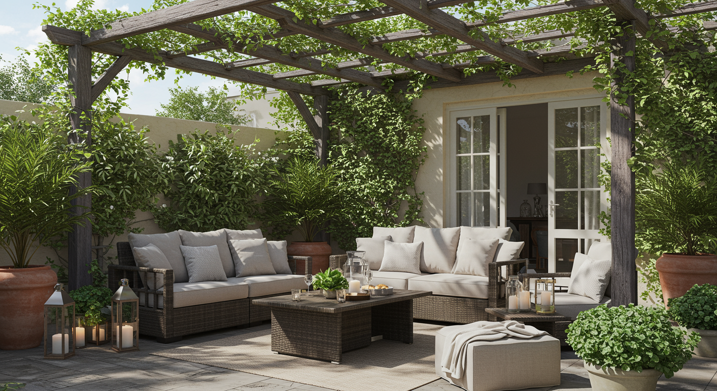 An elegant patio with a pergola covered in climbing vines, showcasing a stylish lounge area with plush cushions and a coffee table. The setting is surrounded by potted plants and decorative lanterns.