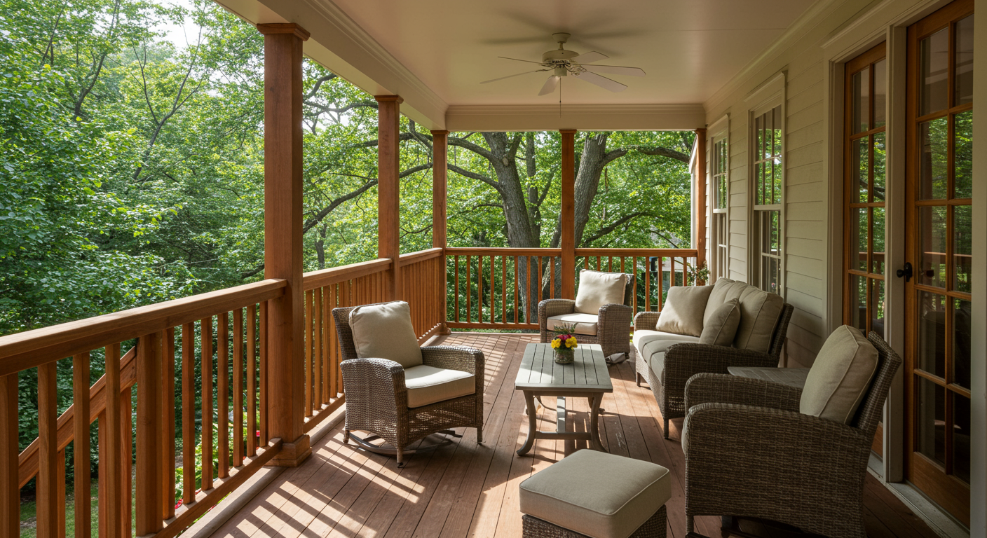 A beautifully designed custom porch with elegant wooden railings and comfortable outdoor furniture, surrounded by lush greenery. The sunlight filters through the trees, creating a warm and inviting atmosphere.