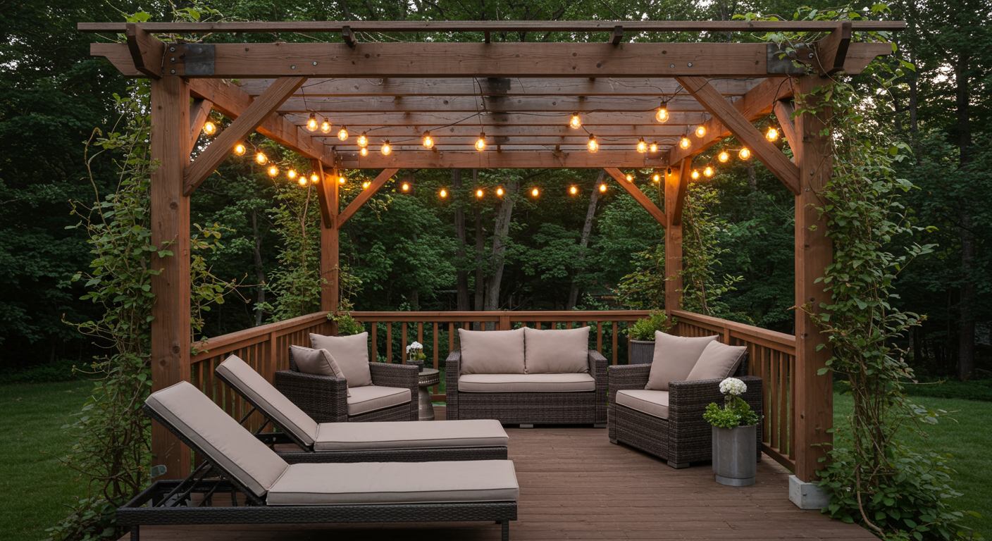 A stunning back porch adorned with a wooden pergola, draped with climbing vines and fairy lights. The space is furnished with comfortable lounge chairs, creating a relaxing retreat for evening gatherings.