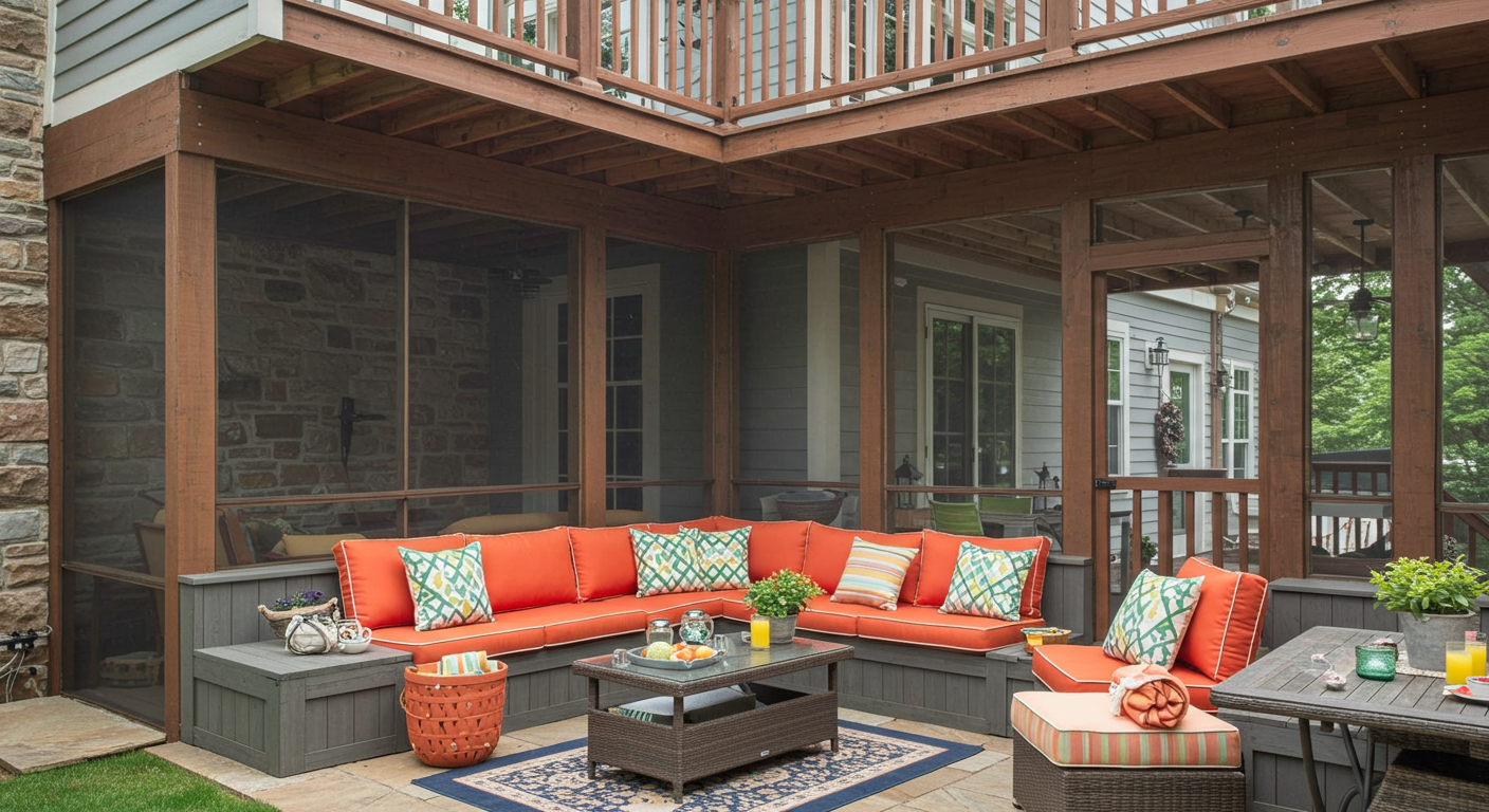 An elegant screened-in porch under a multi-level deck, showcasing built-in seating, vibrant cushions, and a small outdoor dining area. The image captures a lively summer gathering with friends.