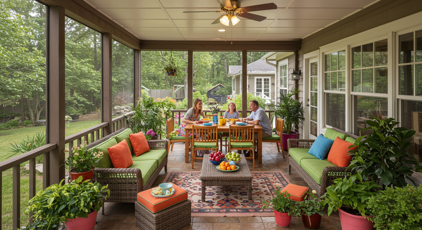 A vibrant, spacious screened-in porch filled with colorful plants and comfortable seating. A family is gathered for a meal, showcasing the space as an extension of their home.