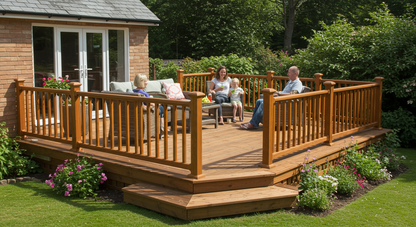 A stunning wooden deck with elegant railings, surrounded by lush greenery and colorful flowers. A family is enjoying a sunny afternoon, relaxing on the deck with drinks and laughter, showcasing the joy of outdoor living.
