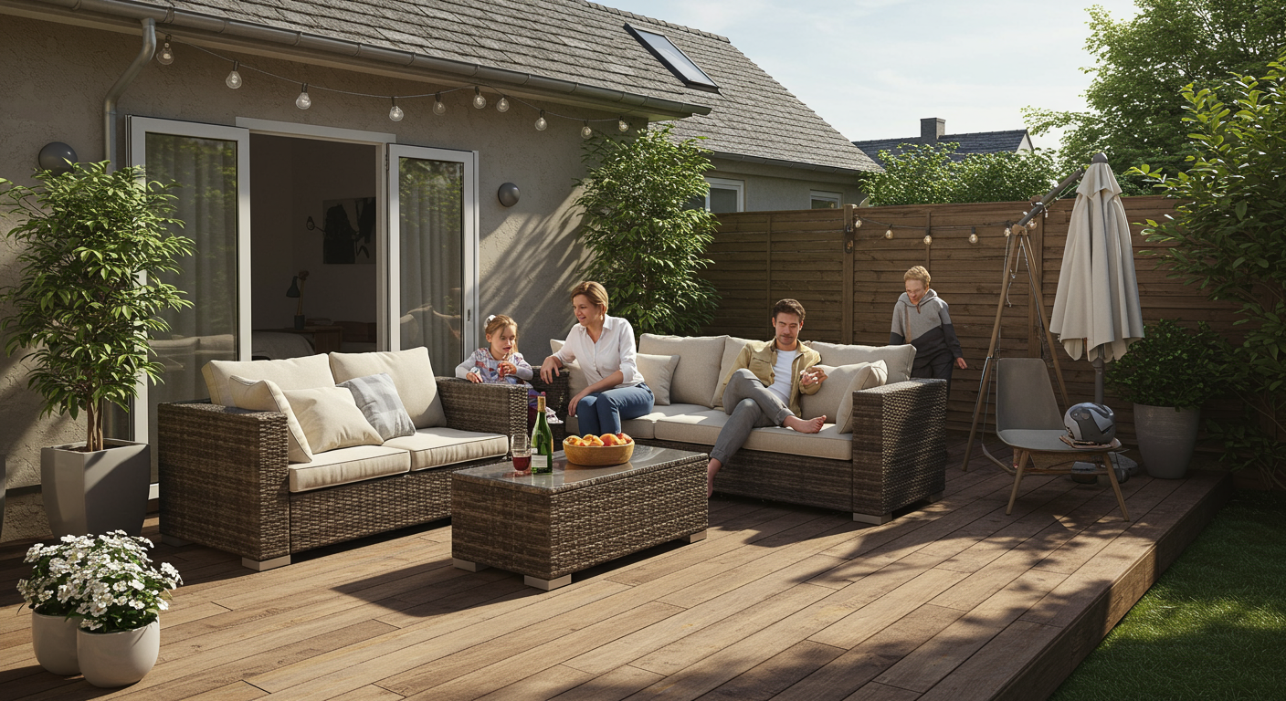 A cozy backyard setting featuring a beautifully designed deck with comfortable outdoor furniture. A family is enjoying a sunny afternoon, showcasing the joy of outdoor living.