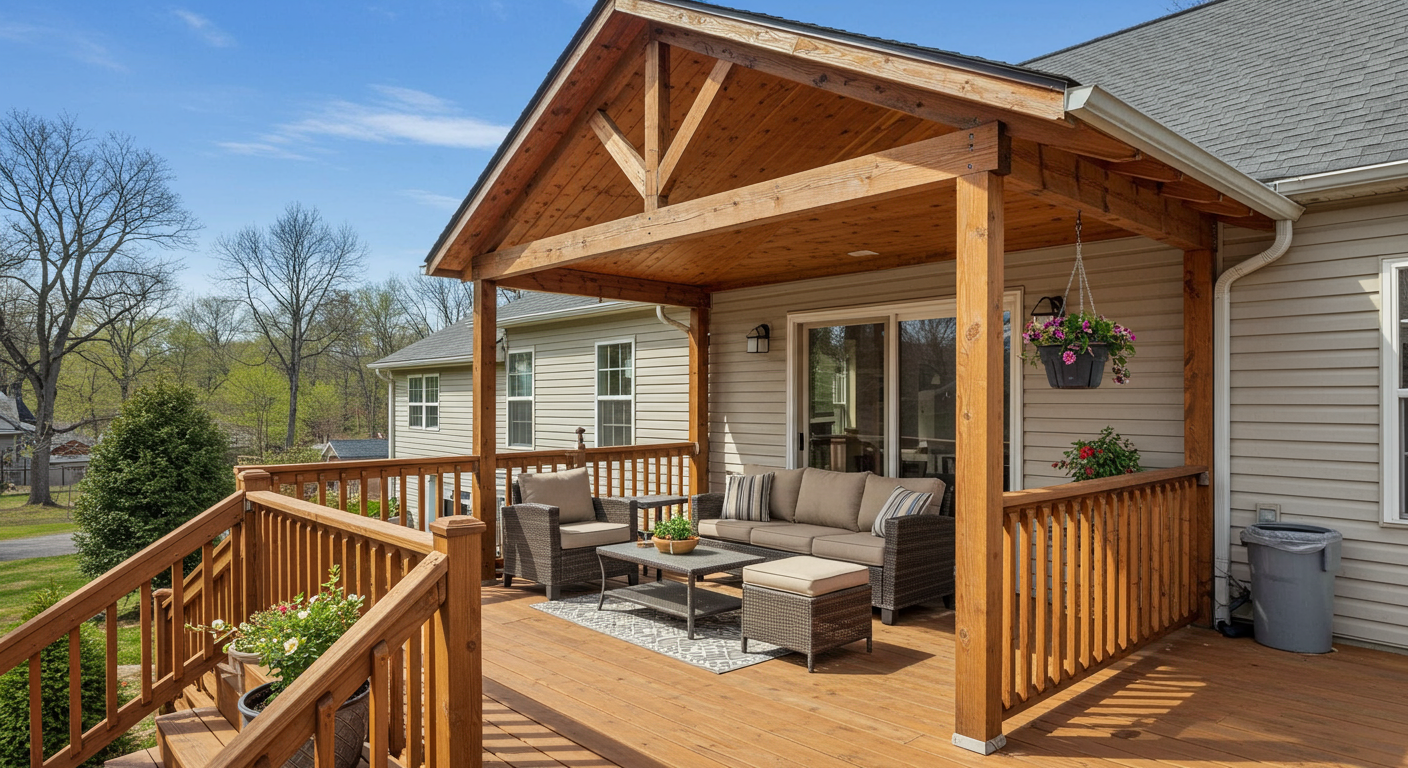 A beautifully designed porch deck with a gable roof, featuring comfortable outdoor furniture and decorative plants. The setting is a sunny day in Lancaster, PA, showcasing the deck's functionality for relaxation and entertainment.