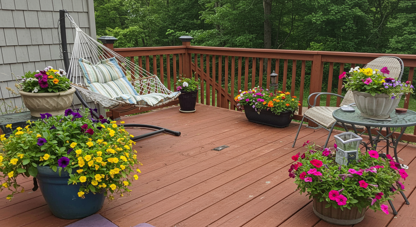 A vibrant garden patio on a deck, featuring colorful flowers, a small water feature, and a hammock. The image conveys a relaxing outdoor space ideal for enjoying nature in Lancaster, PA.