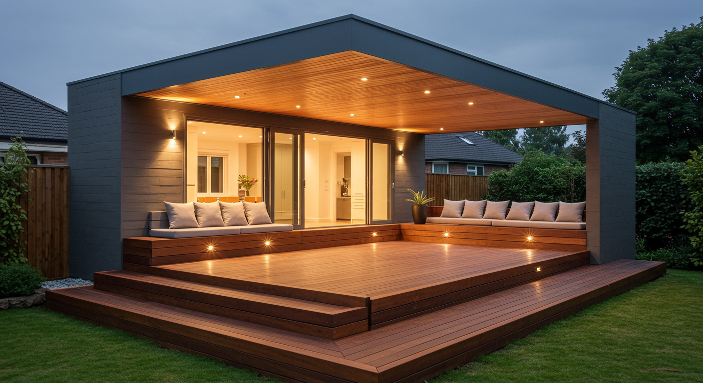 A modern elevated covered deck with a flat roof design, constructed from treated wood. The deck includes built-in seating, elegant outdoor lighting, and a view of a lush garden, emphasizing a seamless blend of nature and architecture.