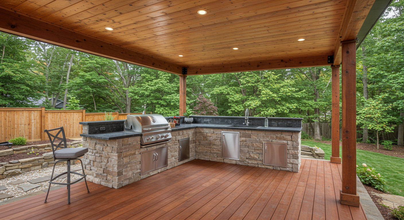A stylish covered deck featuring a built-in outdoor kitchen with a grill and bar area. The deck is designed with a combination of stone and wood materials, providing a modern yet natural look. The setting includes a view of a landscaped garden, perfect for entertaining.