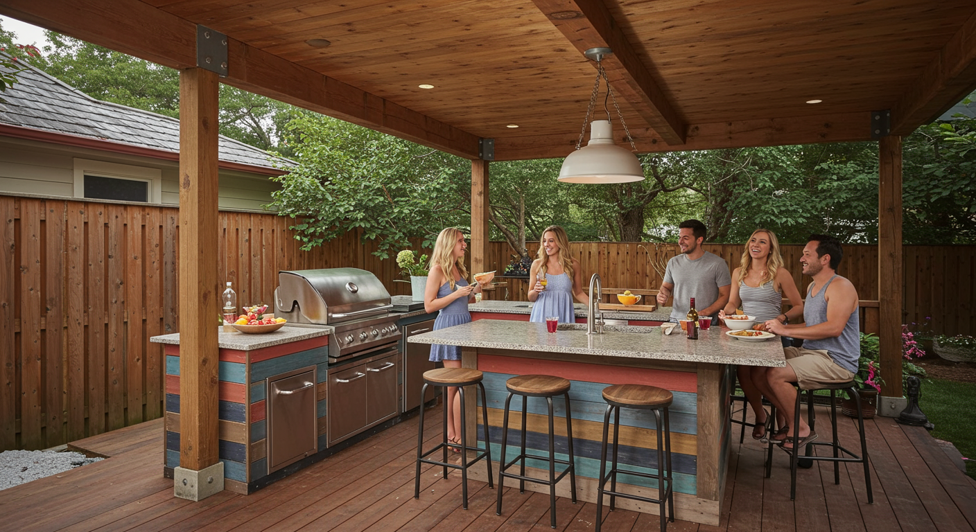 A vibrant outdoor kitchen set up under a deck, complete with a grill, countertop, and bar stools. The image captures the essence of outdoor entertaining, with friends gathered around enjoying a meal.