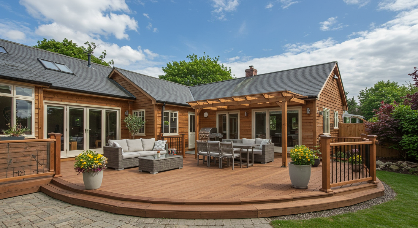 A panoramic view of a stunning outdoor living space that includes a custom deck, patio, and garden. The image captures the entire setup, illustrating how a well-designed deck enhances the overall outdoor experience.