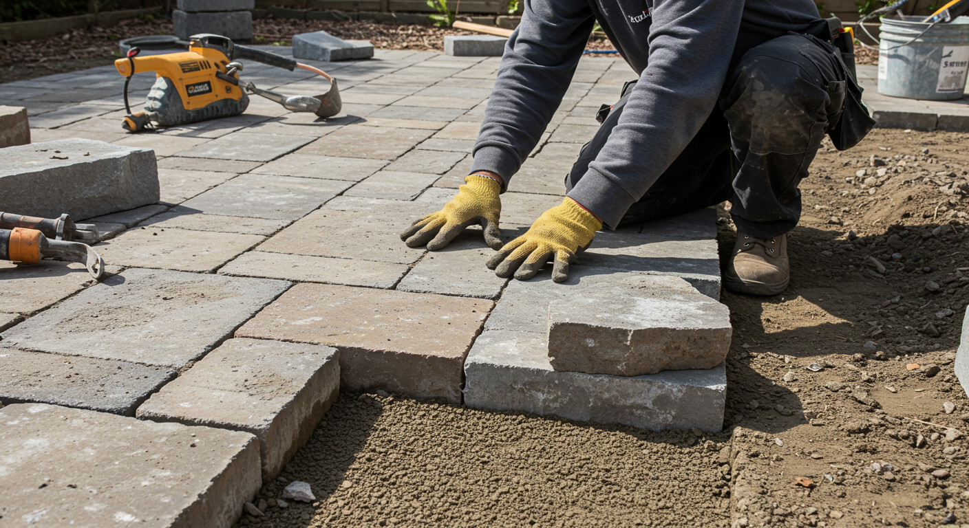 A close-up view of a professional contractor installing patio stones, showcasing the craftsmanship and attention to detail.