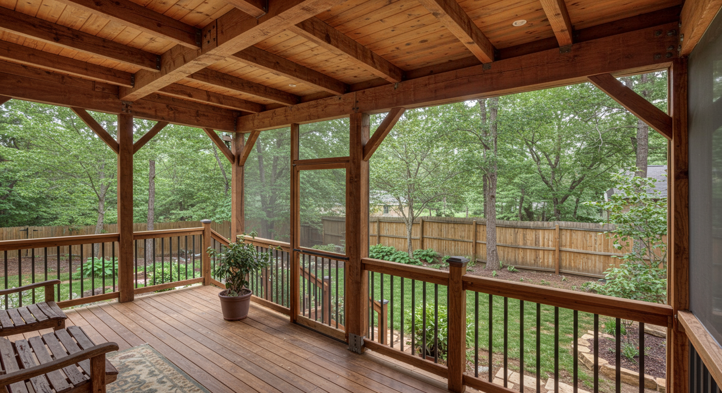 A rustic-style deck with a screened porch featuring wooden beams and a stone fireplace. The setting includes natural elements like a garden and a wooden fence, creating a warm, inviting atmosphere.