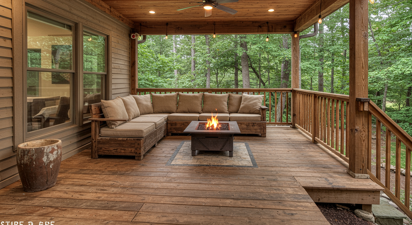 A rustic front porch deck made from reclaimed wood, showcasing a fire pit and cozy seating area. The surrounding landscape includes trees and shrubs, creating a natural retreat feel.