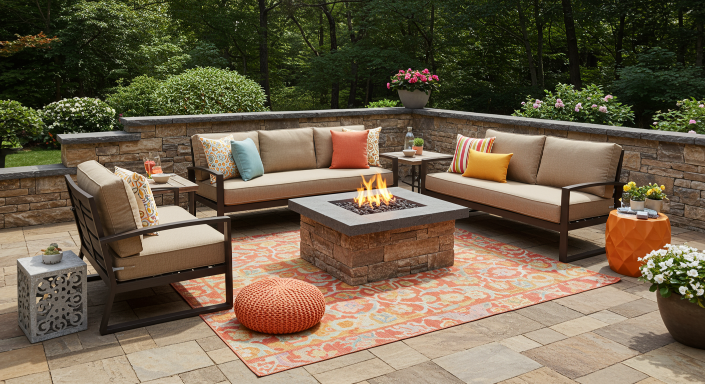 A spacious patio with a mix of natural stone and wood materials, showcasing a fire pit surrounded by stylish outdoor furniture. The setting is enhanced by colorful outdoor rugs and cushions, creating a warm and inviting environment for family gatherings.