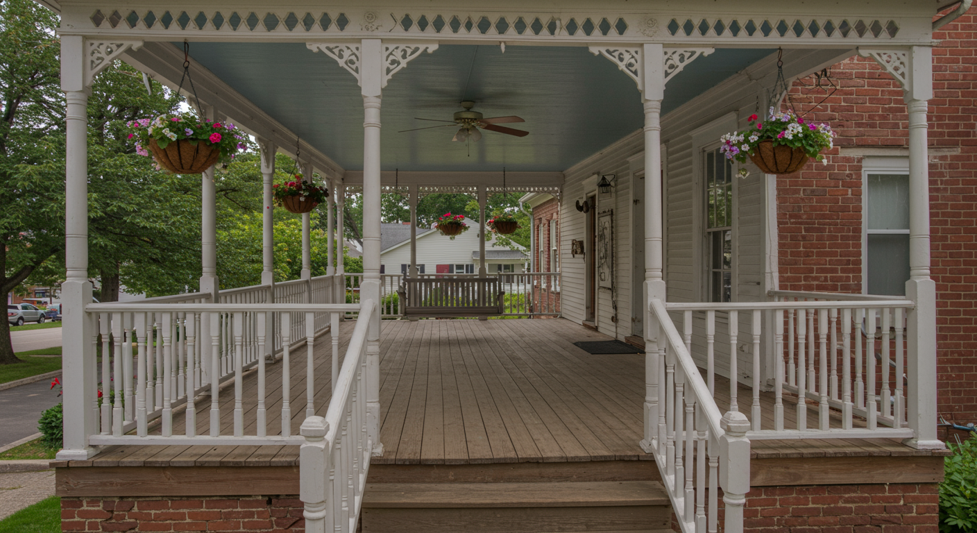 A traditional wooden deck front porch featuring intricate railings and classic design. The porch is decorated with hanging flower baskets and a swing, creating a nostalgic feel that resonates with the historic charm of York, PA.
