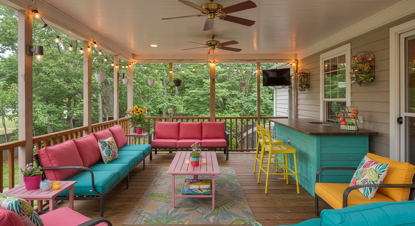 A vibrant enclosed deck designed for entertainment, featuring colorful outdoor furniture, a bar area, and decorative string lights. This space is perfect for hosting parties and enjoying summer evenings.