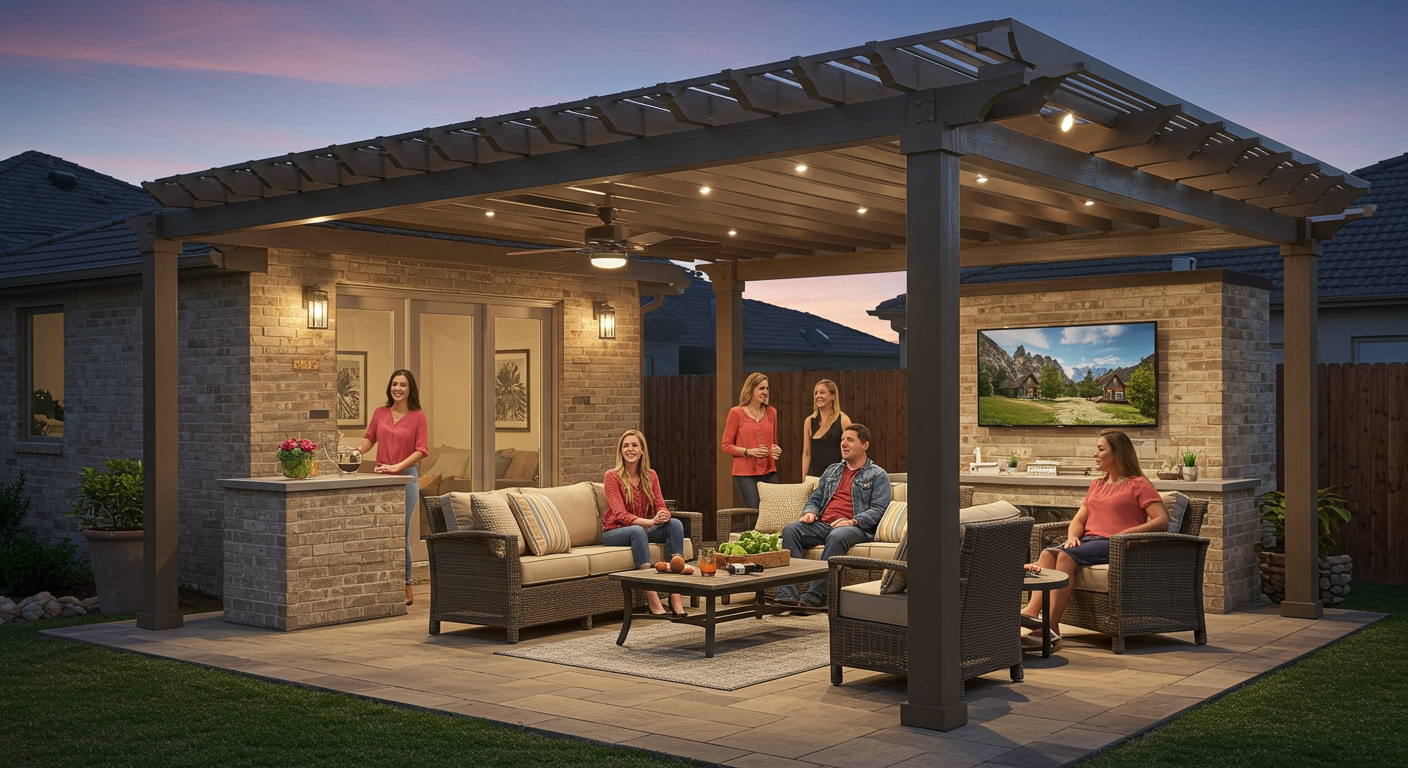 A vibrant outdoor living area featuring a covered patio and pergola combo, showcasing customization options like built-in lighting and outdoor entertainment systems.