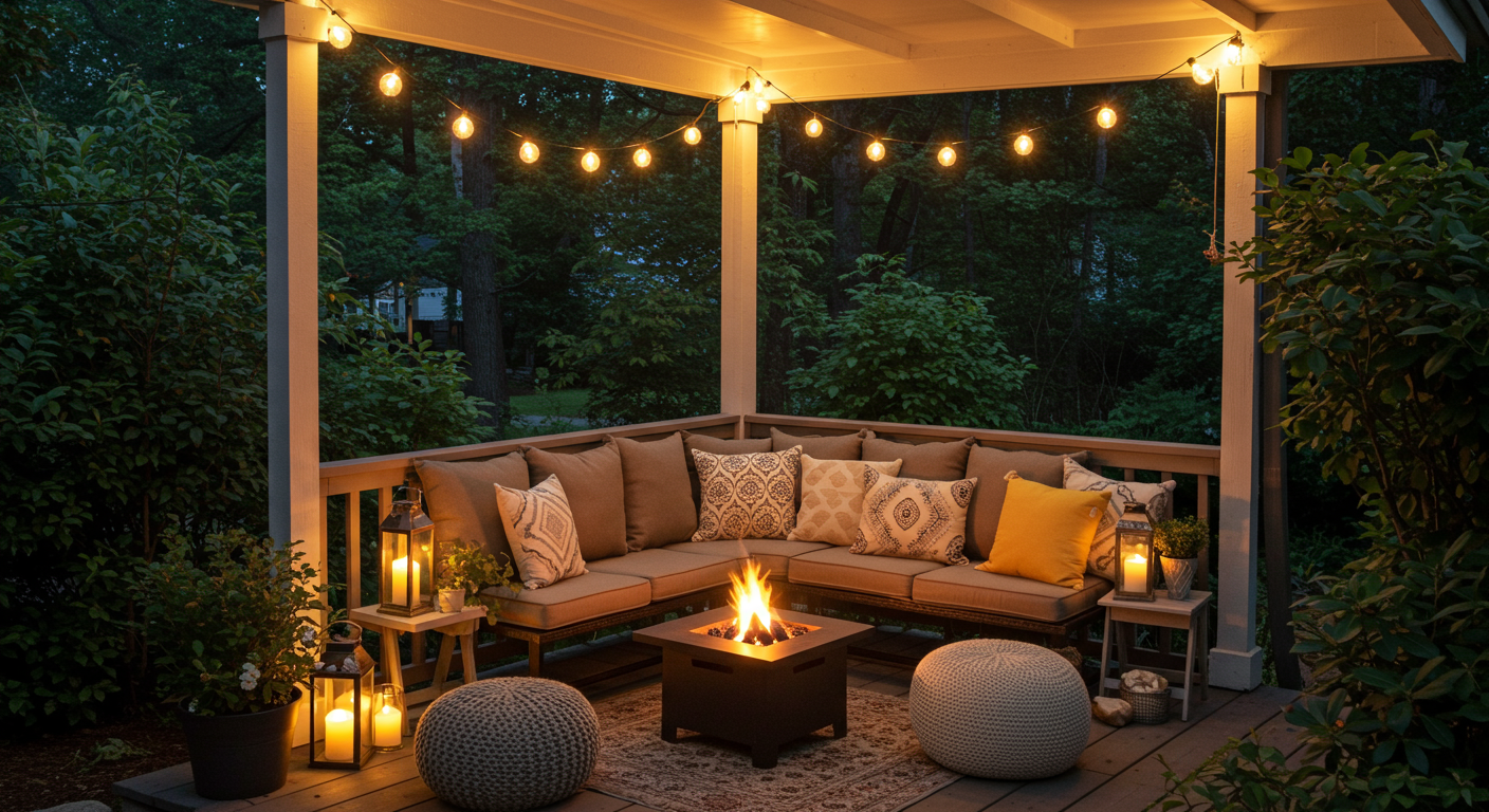 A small porch set up for evening relaxation, featuring string lights overhead and a small fire pit. The space includes comfortable seating and a few decorative cushions, surrounded by lush greenery that enhances the cozy ambiance.
