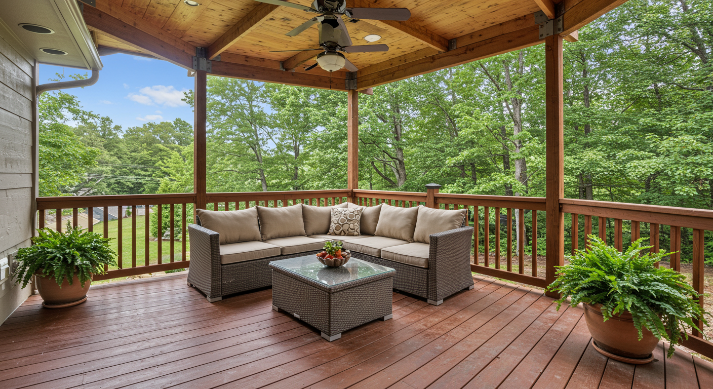 A finished deck overlooking a scenic view, with comfortable seating and decorative plants. This image conveys the beauty and enjoyment of a well-built deck.