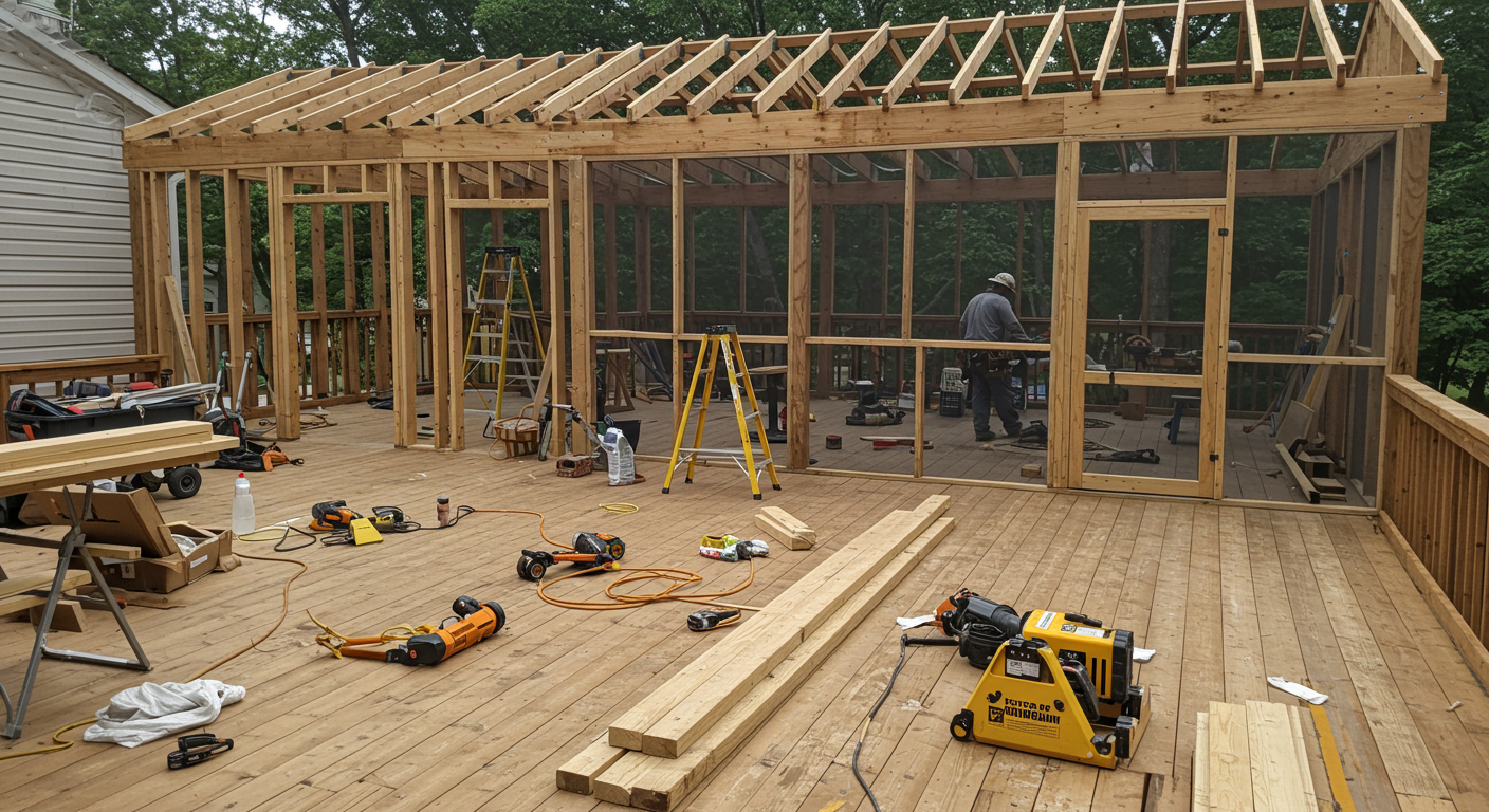 A construction scene showing skilled workers framing a screened-in porch on a deck. Tools and materials are visible, highlighting the craftsmanship and attention to detail in the building process.