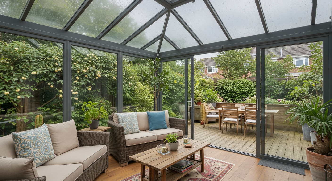 A beautifully designed sunroom with large glass windows, showcasing comfortable seating and vibrant plants. The sunroom opens up to a spacious wooden deck with outdoor furniture, inviting natural light and a sense of relaxation.