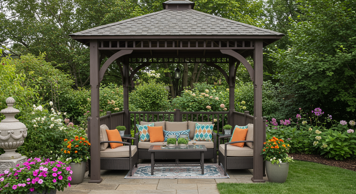 A stunning custom gazebo situated in a lush backyard, complete with comfortable seating and decorative pillows. The gazebo is surrounded by vibrant flowers and greenery, providing a serene escape for relaxation and entertainment.