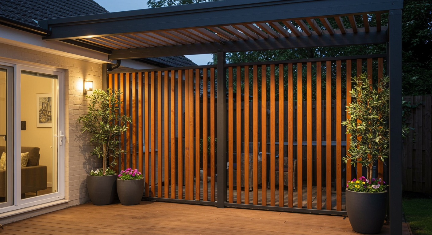 A custom privacy wall integrated into a patio deck cover, showcasing a sleek design with vertical wooden slats. The setting includes potted plants and soft outdoor lighting, creating an inviting atmosphere for relaxation and gatherings.