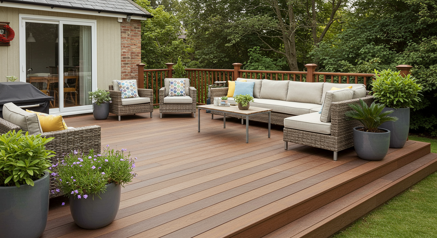 A beautifully designed custom deck featuring a mix of natural wood and composite materials, adorned with stylish outdoor furniture and potted plants. The setting includes a serene backyard with lush greenery in the background.