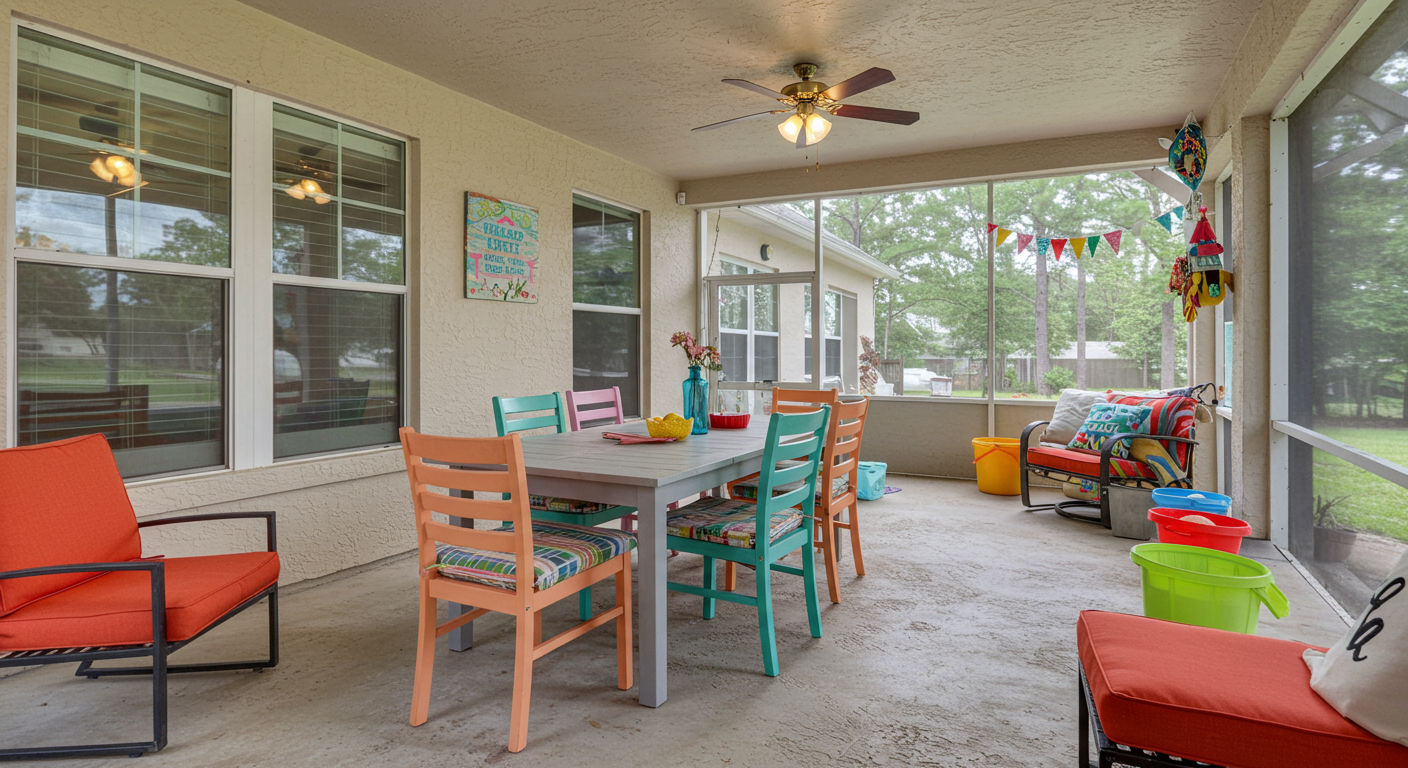 A vibrant screened-in patio designed for family gatherings, showcasing a large dining table, colorful outdoor furniture, and playful decor. The space is lively and inviting, perfect for entertaining guests.