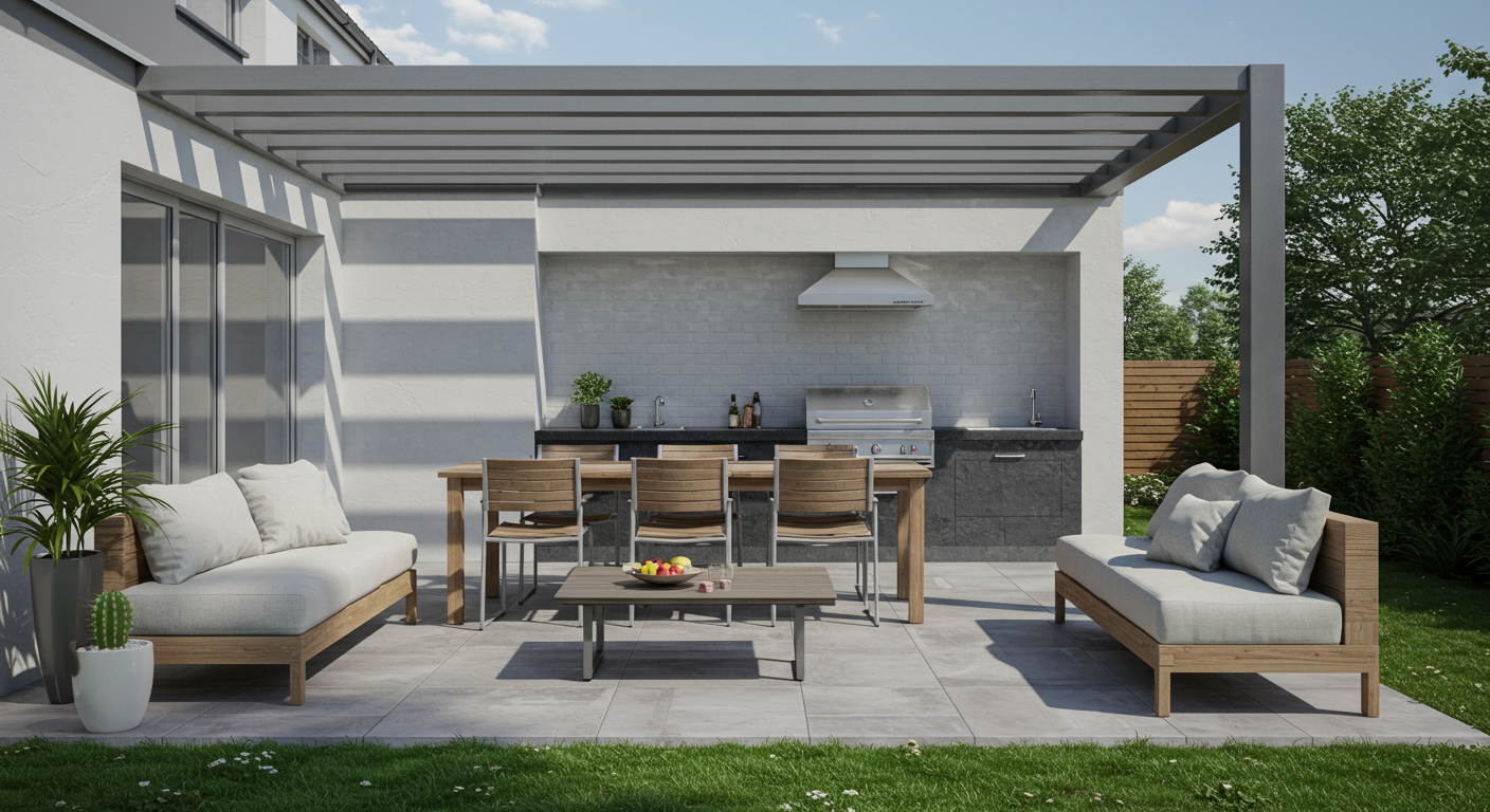 A sleek, modern patio that includes a fully equipped outdoor kitchen, complete with a grill, countertop, and dining area. The design emphasizes functionality and style, with contemporary furniture and landscaping.